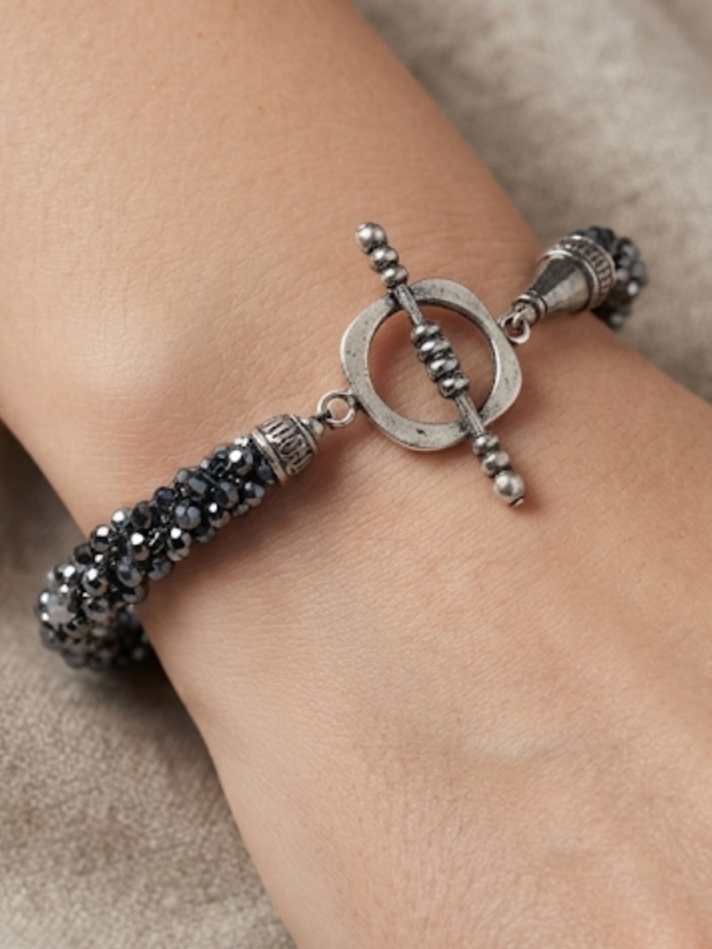 Handmade Hematite Beaded Toggle Bracelet - Silver Accents